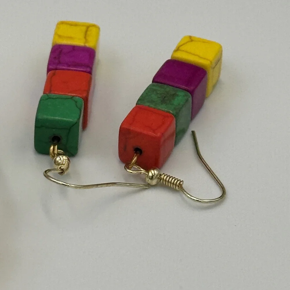 Multicolor Stone Cube Cross‎ Jewelry Set Necklace Bracelet Earrings Boho Rainbow